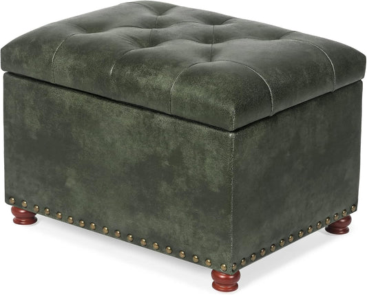 Joveco Storage Ottoman Rectangular Tufted Upholstered Ottomans with Rivet, Footrest Footstool Seat with Wood Legs for Living Room Bedroom (Black Green)