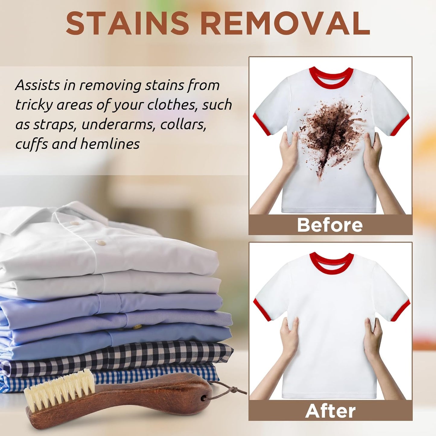 TAKAVU Laundry Stain Brush Set of 2 – Clothes Cleaning Brushes with Natural Boar Bristles & Wooden Handle – Fabric Care Scrubbing Brush for Stain Removal, Shoes, Upholstery & Garment Care