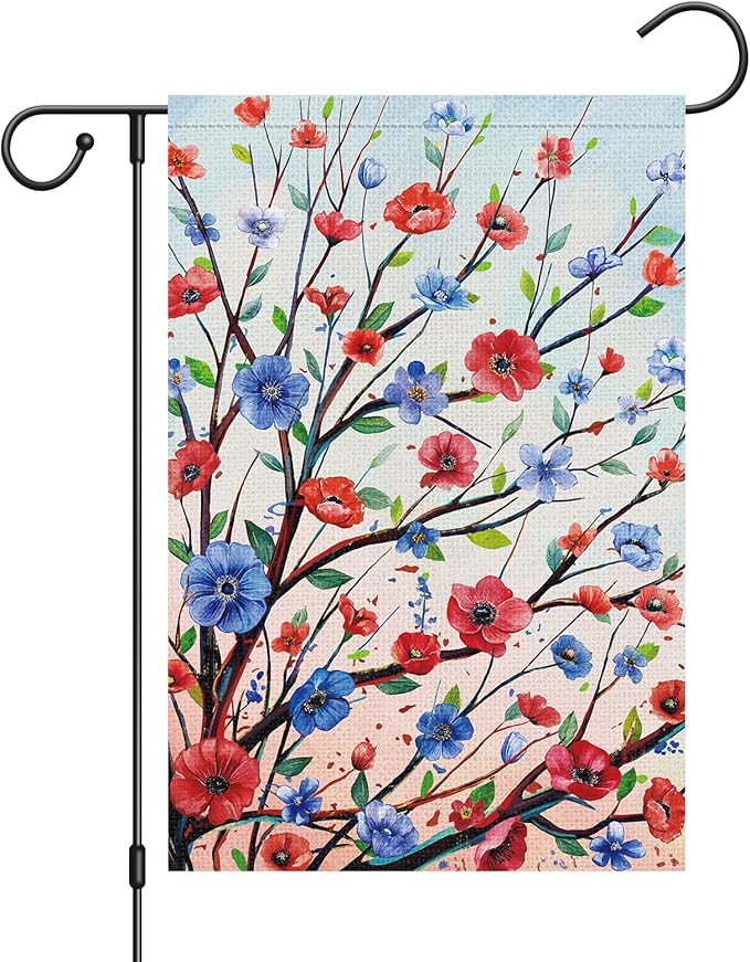 Louise Maelys 4 of July Garden Flag Red and Blue Floral Tree Us America 12x18 Inch Double Sided Stars and Stripes Small Burlap Yard Sign Outside Outdoor House Independence Day Decor