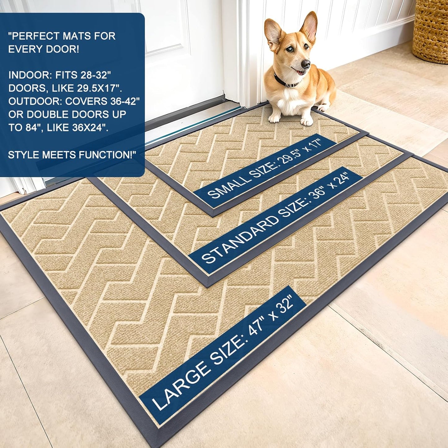OLANLY Front Door Mat Indoor Outdoor Entrance, Waterproof All-Season, All-Weather Doormat, Sturdy Natural Rubber, Low Profile, Easy Clean Patio Porch Entryway Mat, Herringbone Brick (Beige, 47x32)