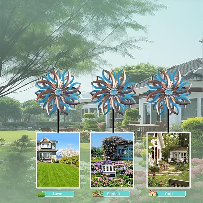 Metal Wind Spinners Outdoor,Vintage Kinetic Wind Spinner Garden Pinwheels with Metal Stake for Patio,Lawn,Garden,Creative Gifts for Women, 57.5 * 13.5 Inch (Blue)