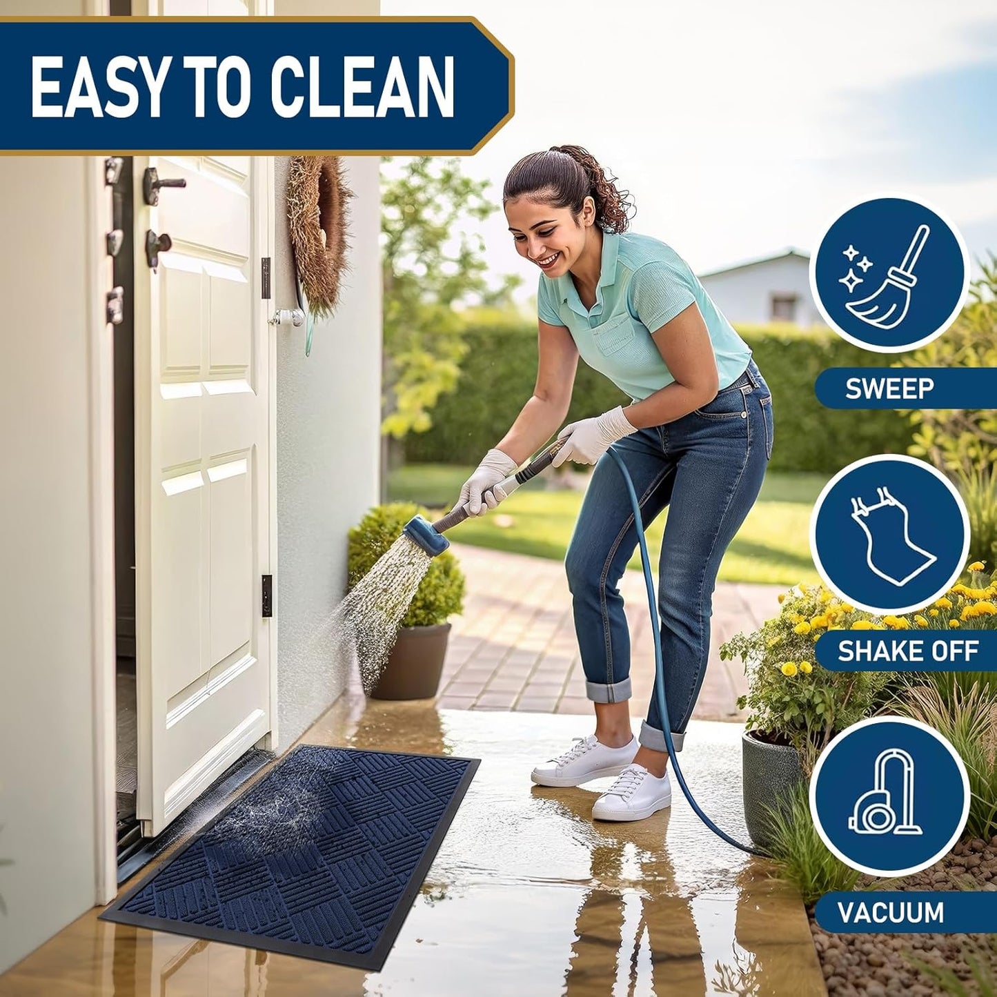 Smiry Front Door Mat Outside Entrance, Heavy Duty Outdoor Indoor Natural Rubber Doormat, Non Slip, Trap Dirt and Moisture, Easy Clean, Low Profile Patio Porch Entryway Mat, 71x23, Navy Blue