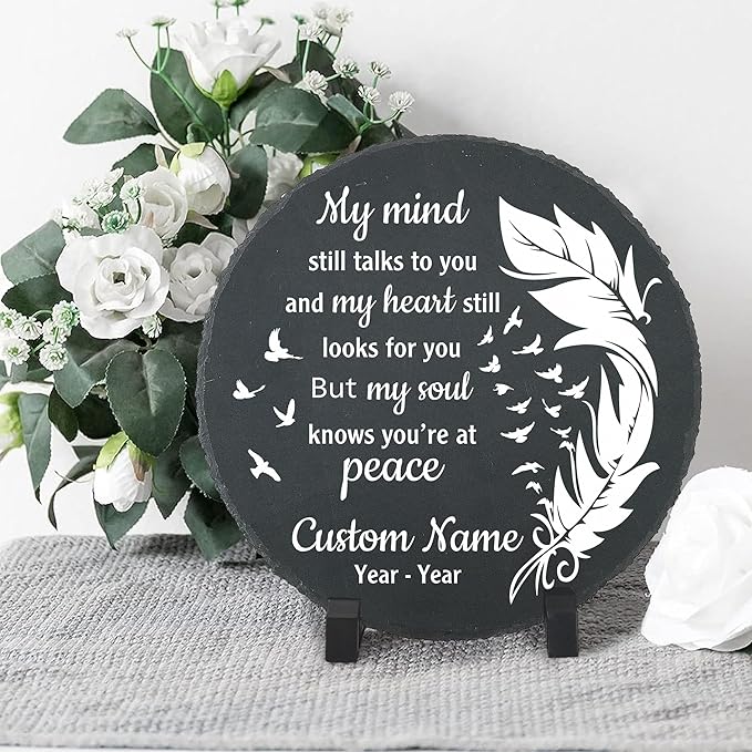Slate Memorial Garden Stone Personalized, Stepping Stones Memorial Gifts for Loss of Loved One, in Loving Memory, Sympathy Stone, Memorial Plaque, My Mind Still Talks to You TNP42 (2, Round)