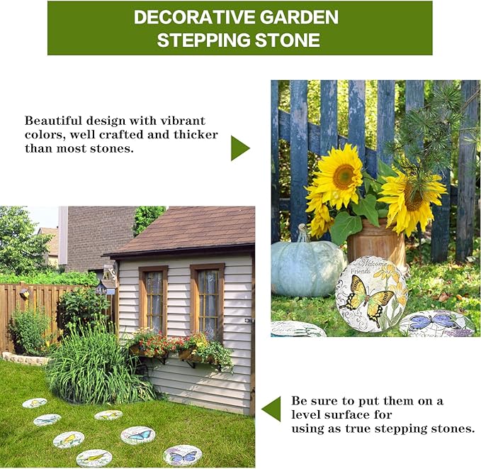 Sungmor 3PC Pretty Garden Stepping Stones, 9.8" Large Concrete Decorative Stones with Beautiful Pattern, Unique Outdoor Lawn Accents, Yard Walkway Flower Bed Wall Shelf Welcome Friends Decorations