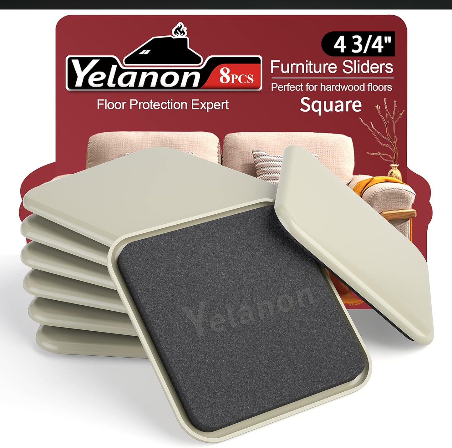 Yelanon Furniture Sliders, 8 pcs-4 3/4” Square Beige Furniture Sliders for Carpet, Heavy Duty Furniture Movers Sliders, Reusable Furniture Moving Pads, Floor Protectors for Carpet
