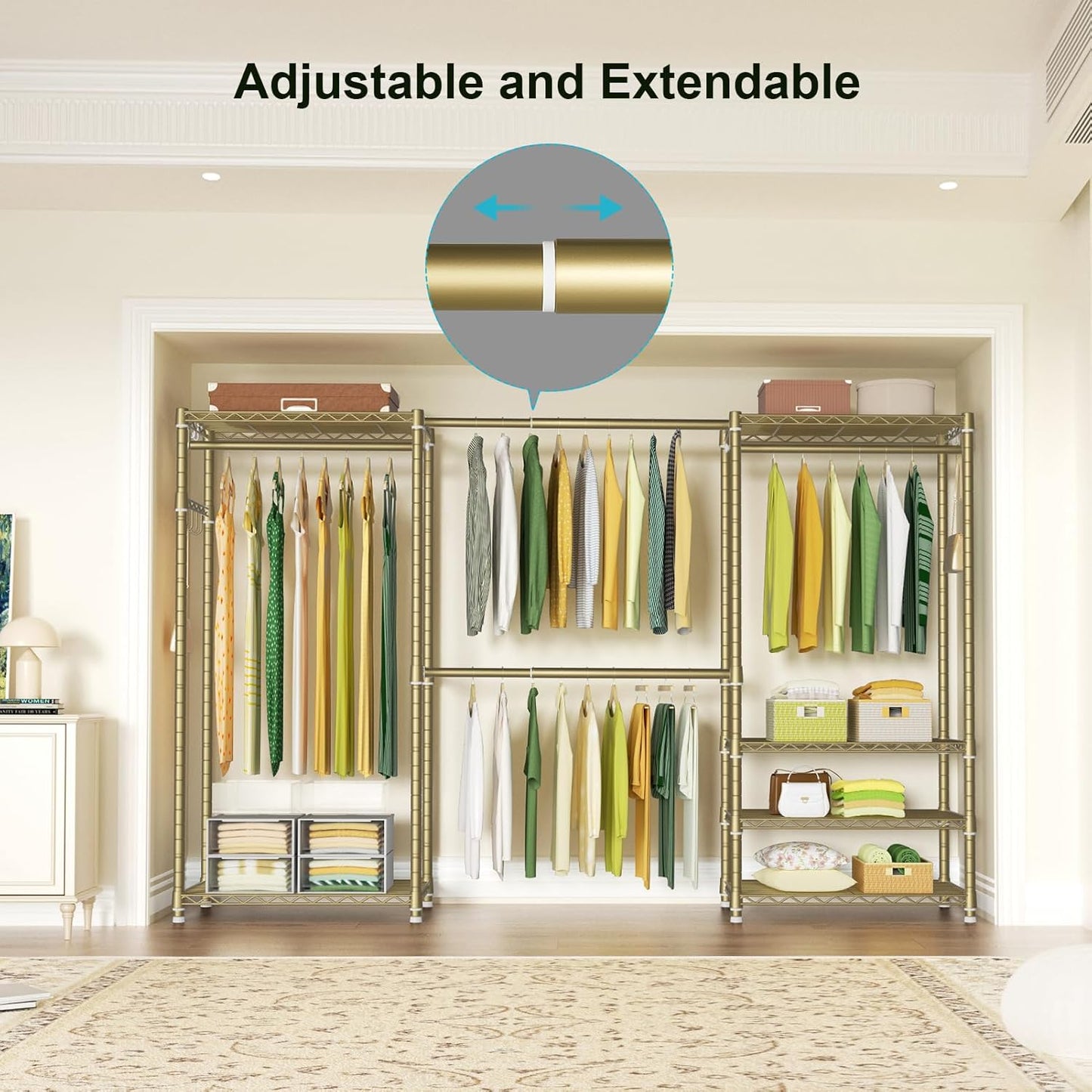 Ulif E1 Heavy Duty Closet Garment Rack, 6 Tiers Adjustable Metal Freestanding Expandable Clothing Storage with 4 Hanger Rods, Easy to Assemble Wardrobe, 71.4" H x (70" - 88.2") L x 14" D, Gold