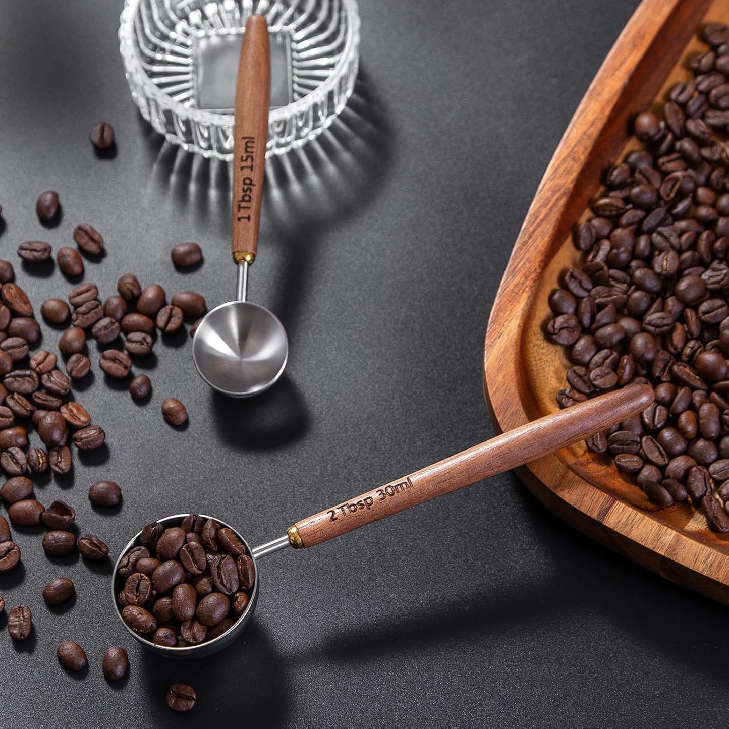 4PCS Wood Scoops for Jars Wooden Scoops for Canisters 2Tbsp + 1Tbsp Measuring Spoons for Coffee Bean Powder Coffee Scoop Measuring Scoop for Salt Sugar Multipurpose-Black Walnut+304 Stainless Steel