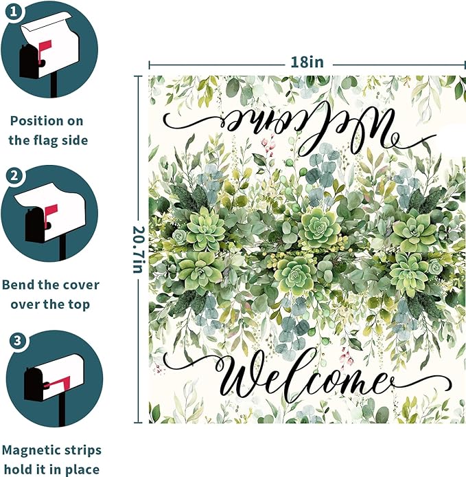 Spring Eucalyptus Leaves Mailbox Covers Magnetic Welcome Post Letter Box Wrap Large Size 25.5''x21'' Green Leaves Summer Dust-Proof Letterbox Decor Seasonal Postbox Cover for Outdoor Garden Yard