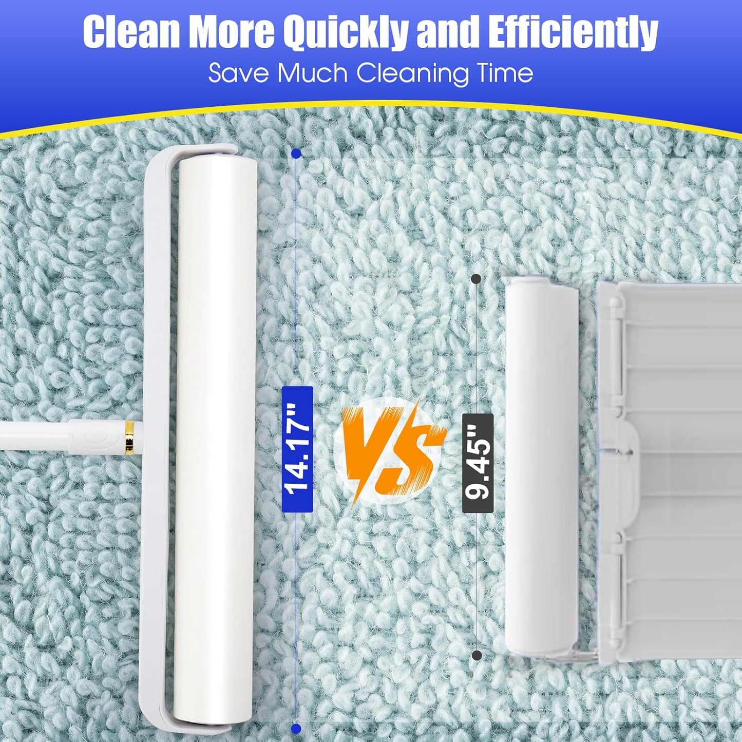 COBETE 14.17in Large Floor Lint Rollers for Pet Hair Extra Sticky, 45in Long Handle Giant Hair Picker Upper from Sticky Mop, for Cleaning Dog Cat Hair Animal Fur Removal Roller Couch Bed Sheet Carpet