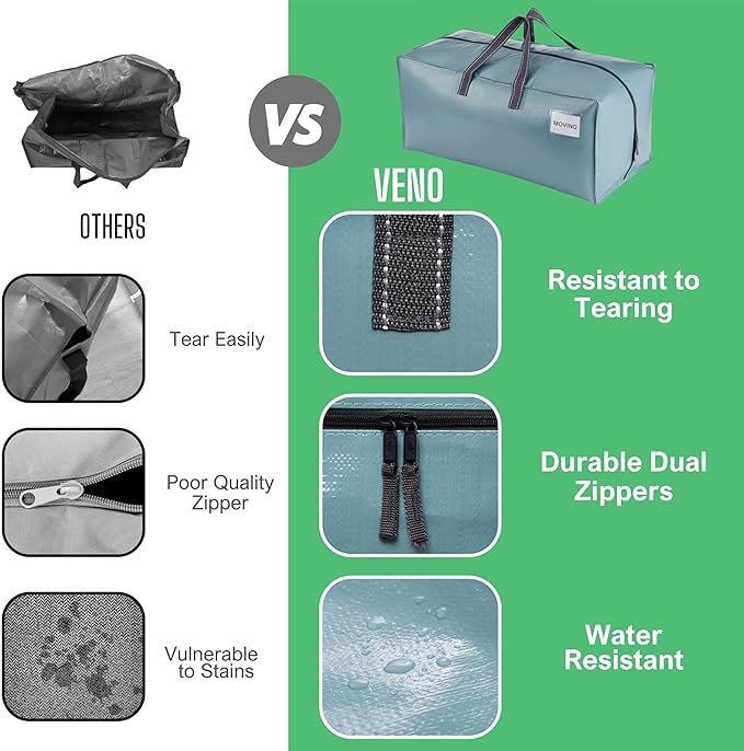 VENO 2 Pack Moving Bags w/Backpack Straps, Heavy Duty, Moving Boxes Alternative, Packing Supplies, Large Storage Totes for Dorm Room Essentials with Zipper for Clothes (Shiny Light Blue, 2 Pack)