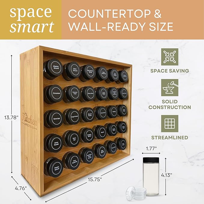 | Bamboo Spice Rack Organizer | 30 4 oz Spice Jars | 720 Labels | Funnel | Cabinet | Countertop | Pantry | Wall Mount