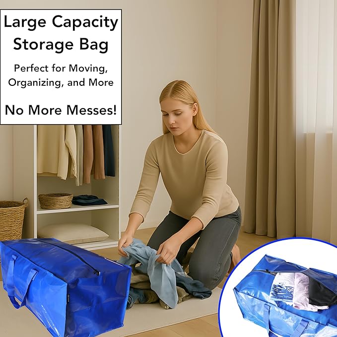 Extra Large Moving Bags - 6-Pack Heavy Duty Storage Duffel - Sturdy Backpack Straps Handles, Zippers - Reusable Moving Storage Bags for Clothes - Folding Collapsible Storage Tote Bag Set – Blue