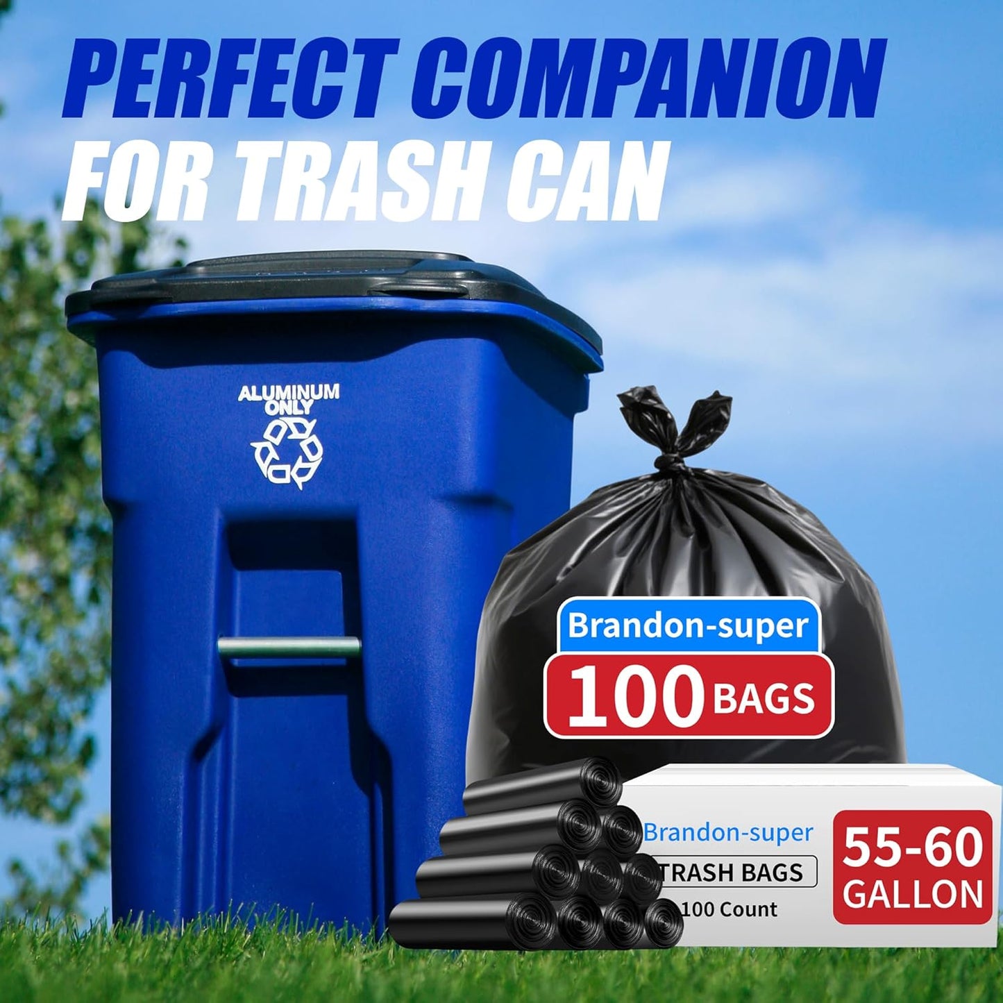 Brandon-super 55-60 Gallon Trash Bags, 50 count, Sturdy & Tear-Resistant Commercial Can Liners 55 Gallon, Large Garbage Bags, Large Black Trash Bags for Commercial, Lawn and Leaf Bags
