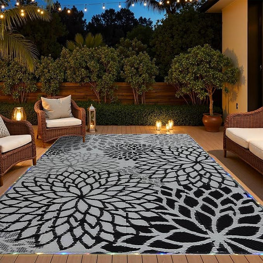 Outdoor Rug 8x10 ft with LED Light, Waterproof Reversible Outdoor Plastic Straw Rug for Patios Clearance, Large Outdoor Area Rug Carpet RV Mat for Camping Backyard Deck Porch Beach