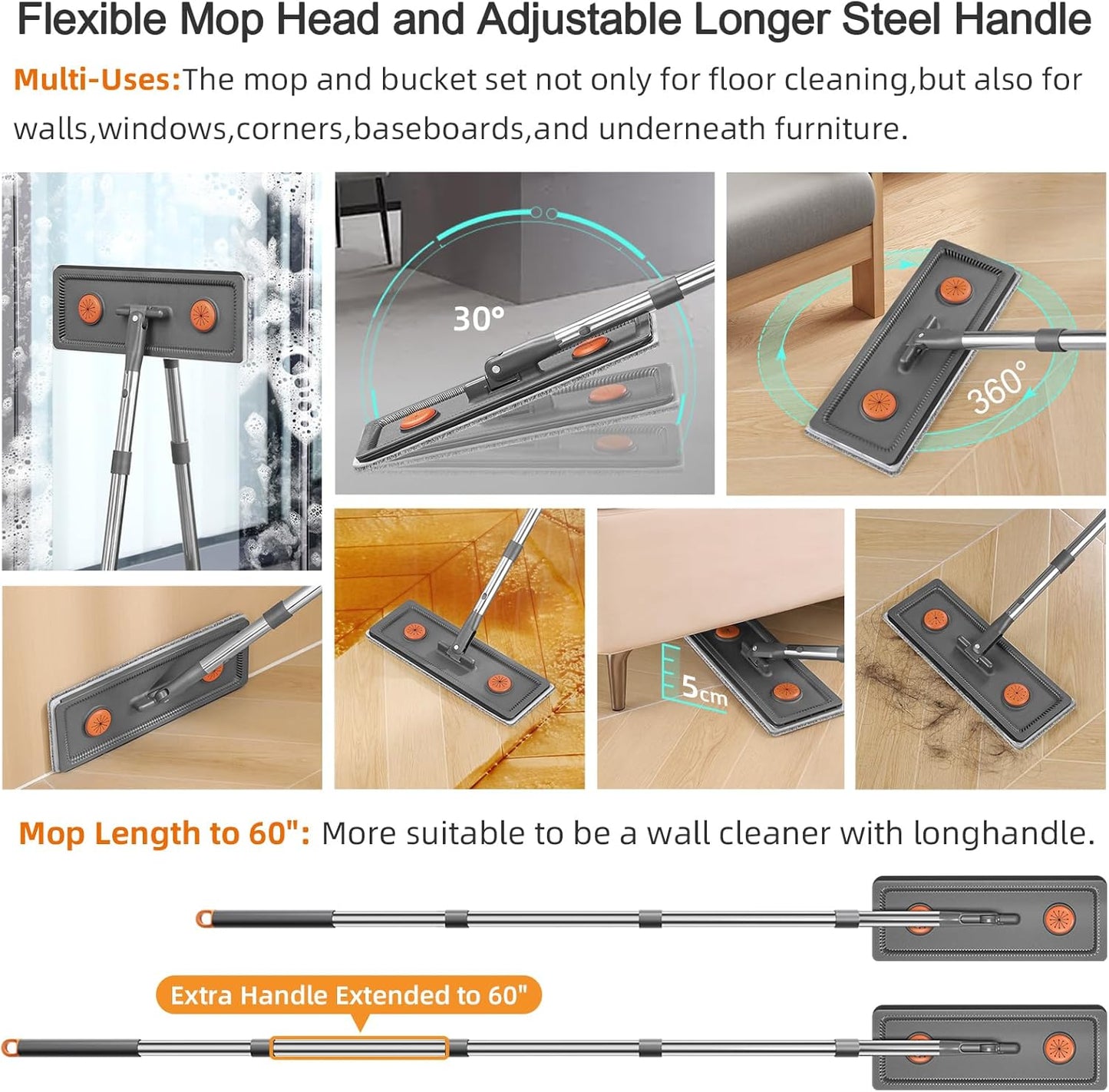 MOPALL Mop and Bucket with Wringer Set for Home, Hands-Free Flat Mop and Bucket Set for Floor Cleaning and Window Wall Cleaner, Wet and Dry Mop with 61" Long Handle and 4 Microfiber Pads