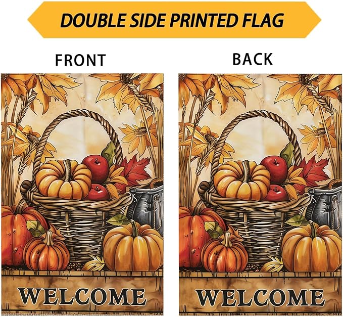 Garden Flag 12X18 Inch Double Side,Pumpkin Fall Yard Flag, Welcome Small Garden Flag,Outdoor Fall Flag for Holiday Outside Patio Decoration