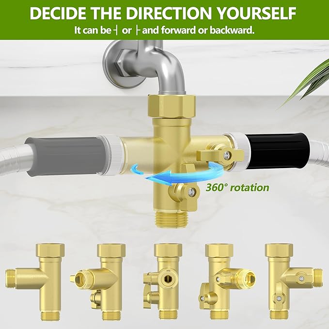High Flow Solid Metal 2 Way ├ Type Garden Hose Splitter with Shut-Off Valves, 360 Degree Rotation 3/4" Spigot Faucet Connectors with 2 Extra Silicone Washers