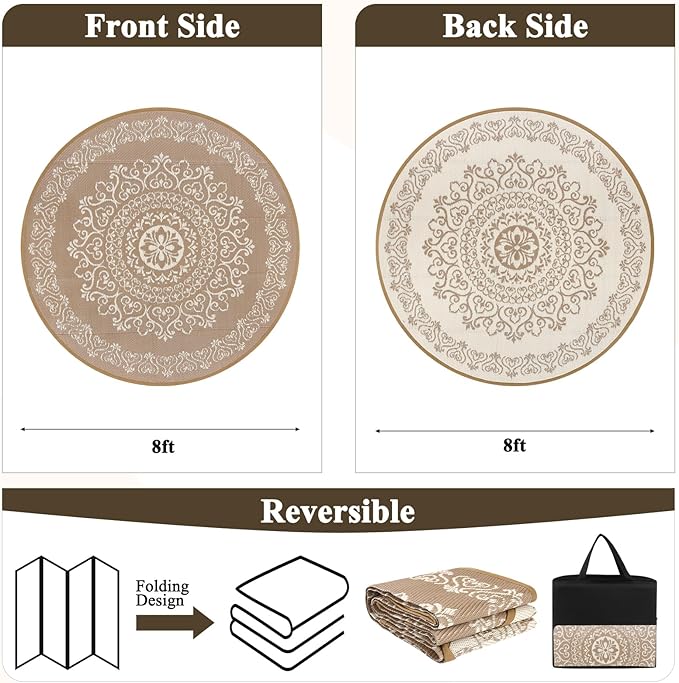 Pauwer Waterproof Outdoor Rug 8ft, Reversible Plastic Straw Patio Camping Rug, Indoor Outdoor RV Mat Carpet for Deck, Camper, Porch, Balcony, Backyard, Picnic, Floral Brown