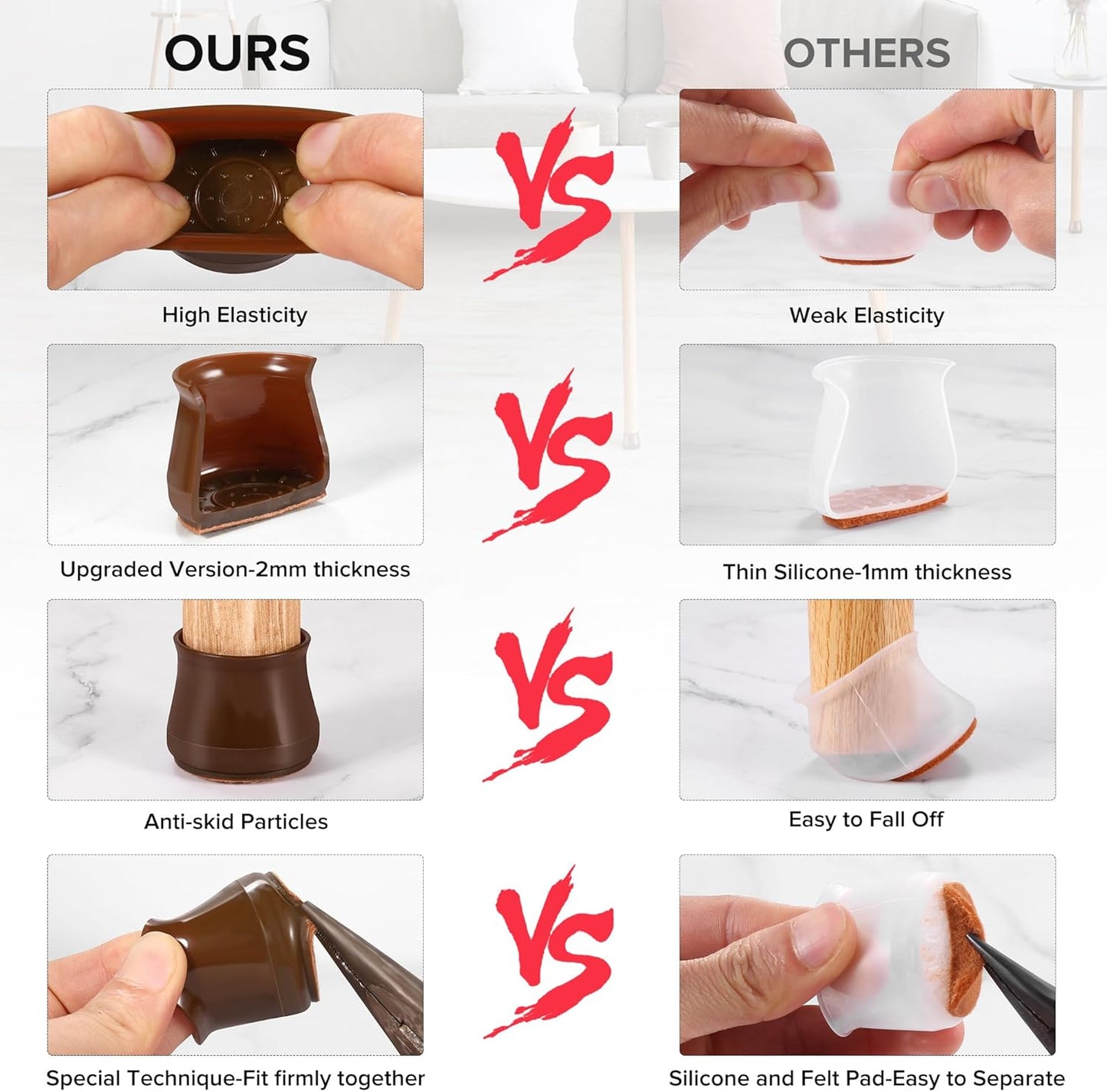 24PCS Upgraded Silicone Chair Leg Floor Protectors for Hardwood Floors, Furniture Sliders for Chair Legs, Felt Bottom Furniture Pads, Anti-Slip Round&Square Cap Covers to Scratch and Reduce Noise