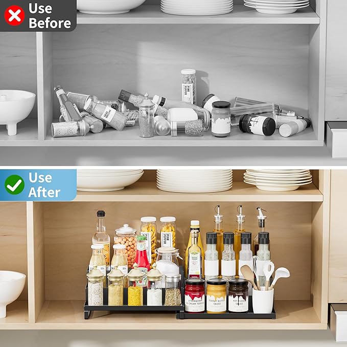 Spice Rack Organizer for Cabinet, Expandable 3 - Tiered Spice Rack, Metal Spice Organizer, Spice Shelf Organizer for Cabinet, Countertop, Pantry, Cupboard, Black