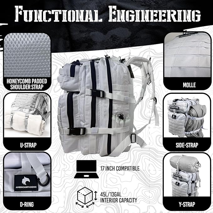 45L Elite Tactical Backpack | 3X Stronger Work & Military Backpack | Water Resistant and Heavy Duty | 3 Day MOLLE Bug Out Bag (Polar White)