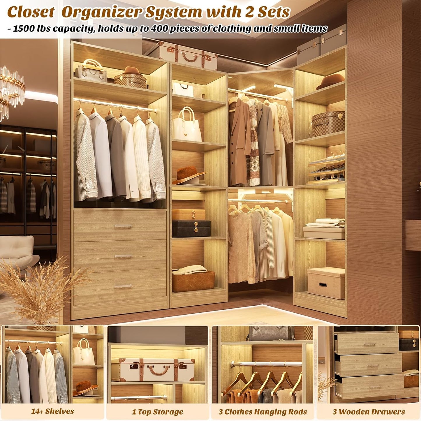 Corner Closet System with 3 Drawers, Corner Closet Organizer System with 13 Shelves & 3 Hanging Rods, 63.2"L * 39.2"W Reversible L Shaped Walk-in Closets, Load 2000+LBS, White Oak