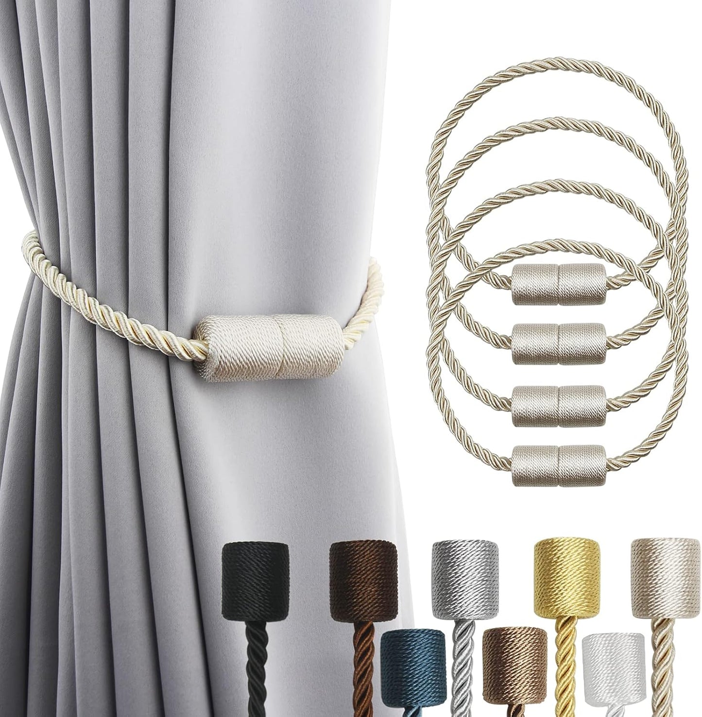 4 Pack Strong Magnetic Curtain Tiebacks Outdoor Elegant Decorative Tie Backs Modern Rope Tiebacks for Drapes Window Curtain Holdbacks for Draperies- Beige