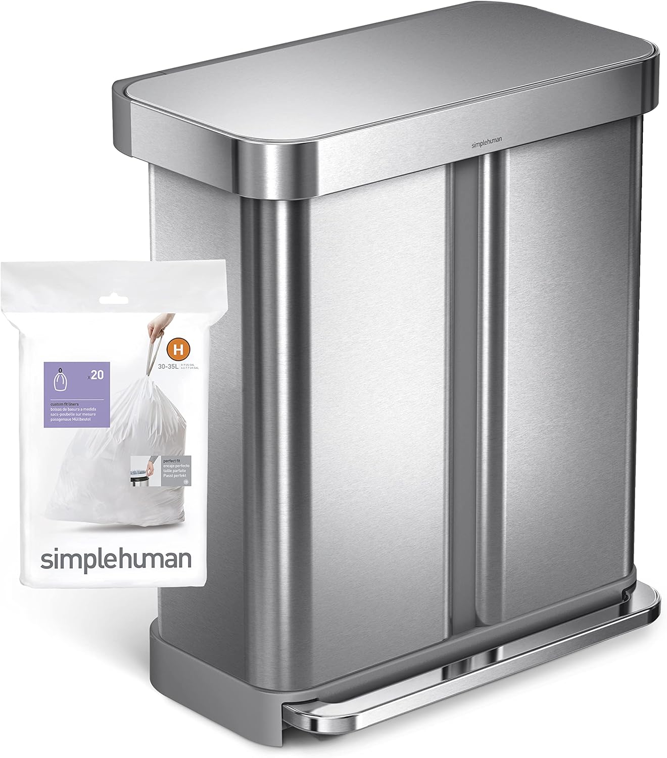 simplehuman Code H 60 Count, Dispenser Pack Custom Fit Liners, Drawstring Trash Bags, 30-35 Liter / 8-9.2 Gallon, White