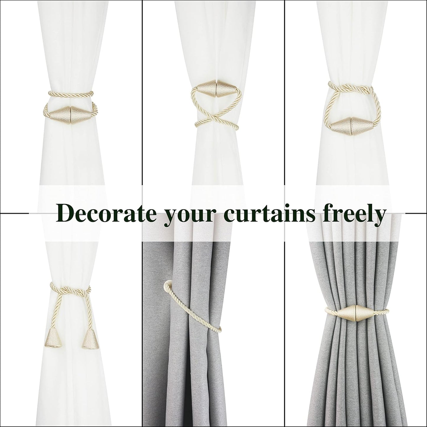 6 Pack Magnetic Curtain Tiebacks Rope Modern Handmade Curtain Tie Backs Decorative Drapes Weave Holdbacks for Window Décor, Beige