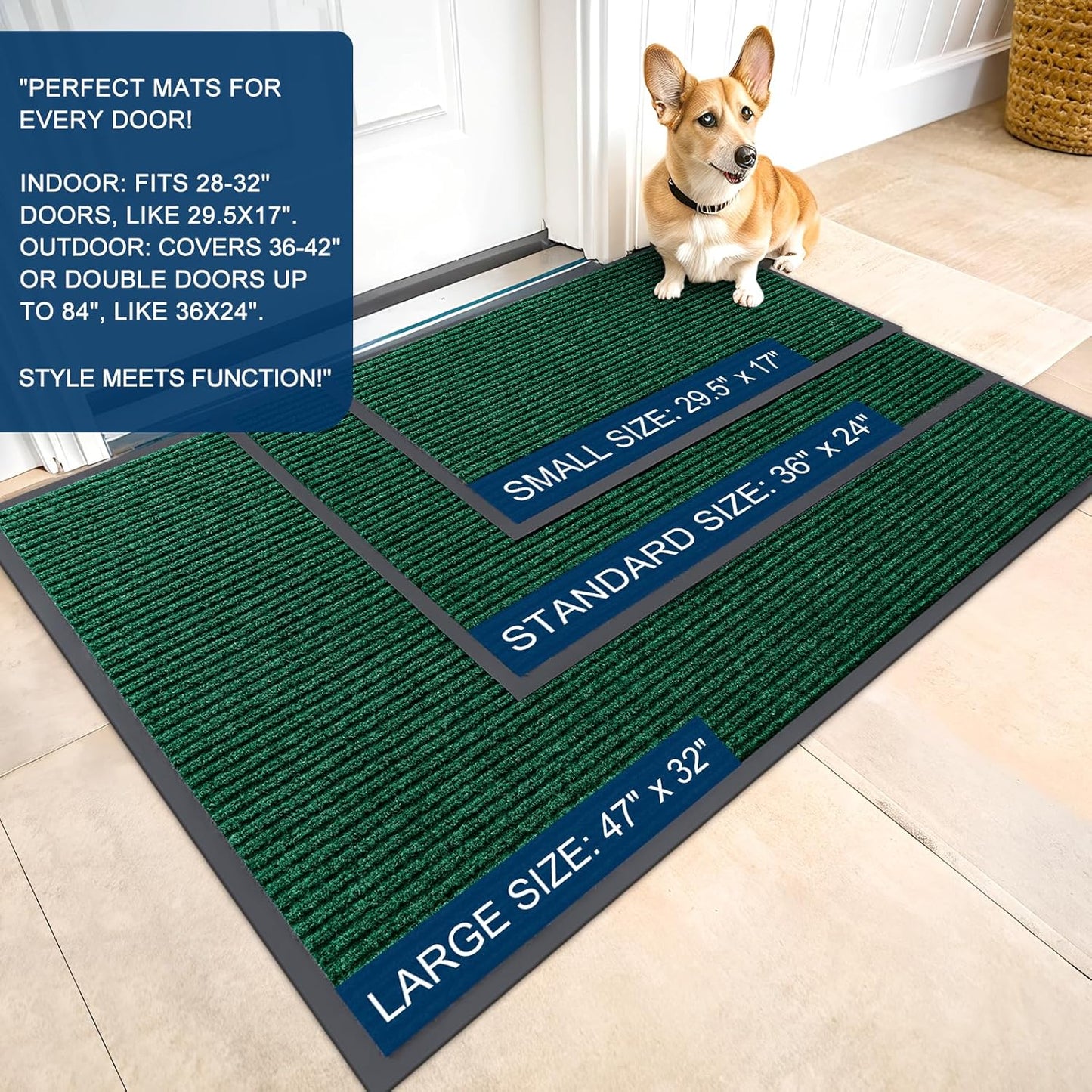 OLANLY Front Door Mat Indoor Outdoor Entrance, Waterproof Heavy Duty Doormat, Fade Resistant, Low Profile, Easy Clean Patio Porch Welcome Floor Mats for Entry, 47x32, Green