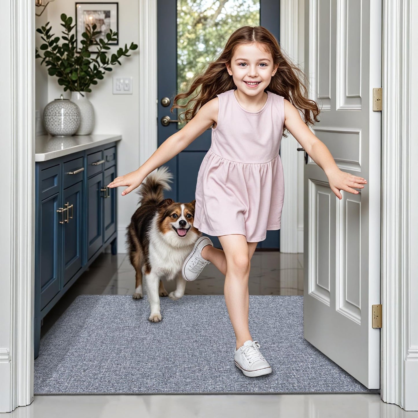 LUMI Ultra Thin Door Mat for Entryway,32"x48" Low Profile Non Slip Rubber Backing Indoor Doormat, Easy Clean Welcome Entrance Mat for Inside House, Patio, Light Grey