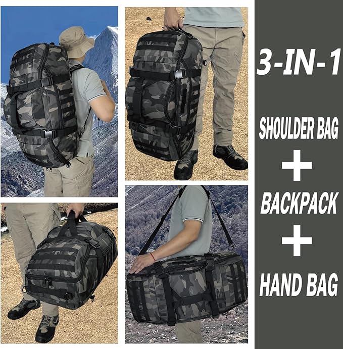 Travel Gym Duffle Bag Tactical, for Men Women Multi-functional Backpack, 3 in 1 Shoulder Bag Backpack Handbag for Sports Hiking Camping, Water Resistant Easy Clean (Black Camo, 55L)