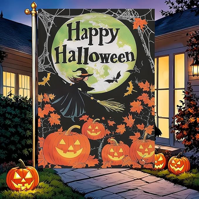 Halloween Garden Flag for Outside 12x18 Inch Double Sided, Pumpkin Witch Small Yard Flags for Outside, Happy Halloween Outdoor Flag Front Porch Decorations for Home