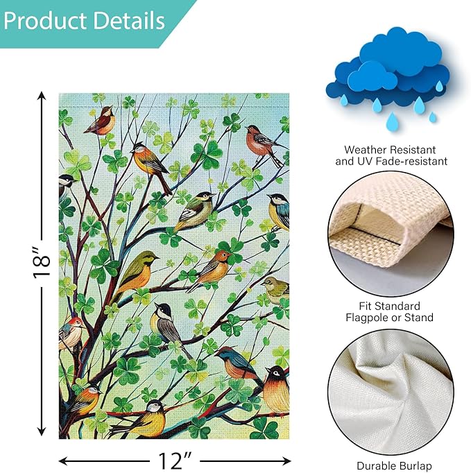 Louise Maelys St Patricks Day Garden Flag Shamrock Bird Tree Welcome Double Sided 12x18 Inch Small Burlap Spring Holiday Yard Outdoor Outside Home Decor