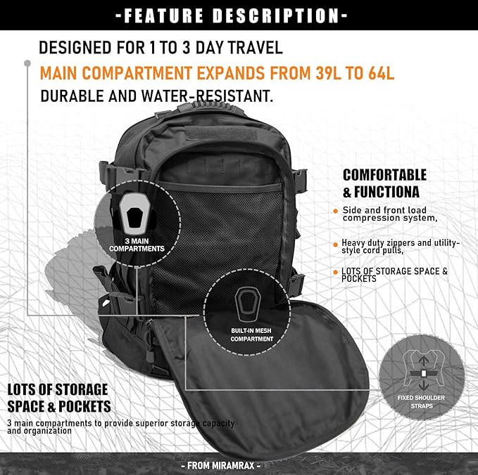 Tactical Backpack Military Army Daypack - Assault Pack for Men Molle Backpacks Bug Out Bag 3 Day Pack for Hiking Camping Travel Hunting Rucksack Trekking Black