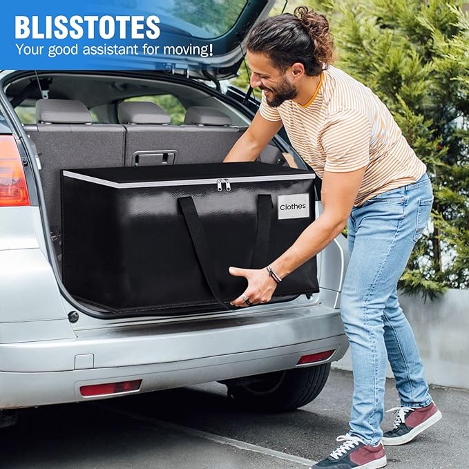 BlissTotes Moving Bags, Heavy Duty Moving Boxes with Zippers Top and Sturdy Handles, Storage Bags for Space Saving and Packing, Collapsible Moving Supplies, Storage Totes (93L, 4-Pack, Black)
