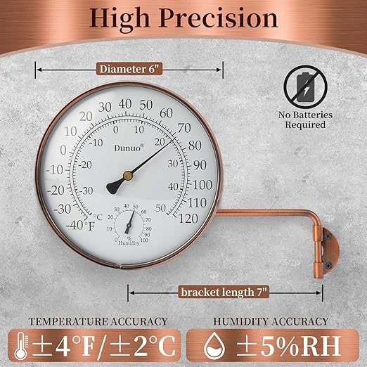 6" Outdoor Thermometer for Greenhouse, Garage and Patio. Weatherproof & Decorative Outside Temperature Gauge for Window, Antique Copper with Humidity (Easy-Read Brass Swivel Design)