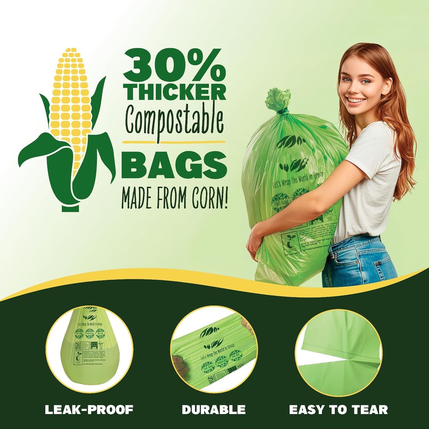 50-55 Gallon Compost Bags, Heavy Duty Compostable Trash Bags, 1.57 Mil Extra Thick Biodegradable Yard Waste Bags, Compostable Lawn Bags, Large Compost Leaf Bags BPI & ASTM D6400 Certified