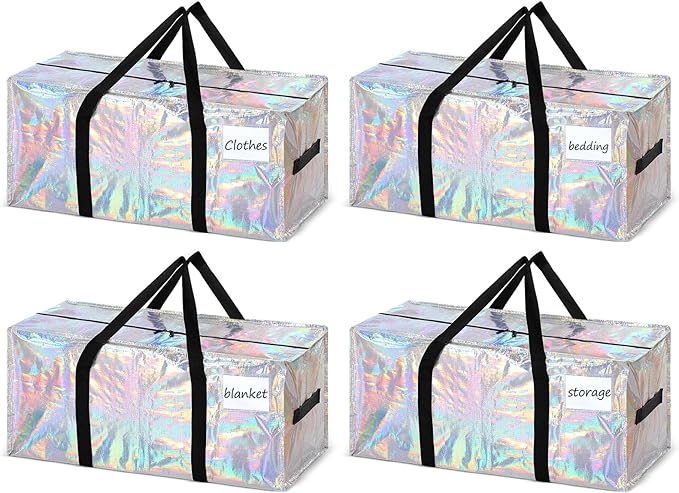 4 Pcs 24 Gallon Large Moving Bags with Zipper and Handles Foldable Storage Duffle Bags Heavy Duty Extra Large Totes for College Dorm Travel Clothes Blankets Bedding Moving (Iridescent)
