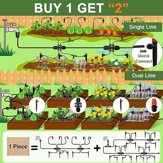 230FT Watering System for Outdoor Plants, Quick-Connect Garden Drip Irrigation Kits with 1/2" & 1/4",Hose Irrigation Equipment, Adjustable Nozzles & Sprinklers for Yard, Greenhouse,Raised Bed,Lawn