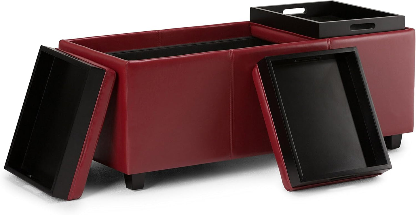 SIMPLIHOME Avalon 42 inch Wide Contemporary Rectangle Storage Ottoman in Red Vegan Faux Leather, Assembled, for the Living Room, Entryway and Family Room