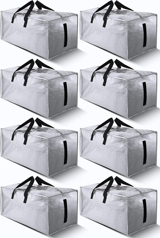 8 Pack Large Strong Bags with Zippers & Carrying Handles - Water-Resistant - Heavy Duty Storage Tote for Space Saving Storage, Fold Flat, Alternative to Moving Box (Silver)