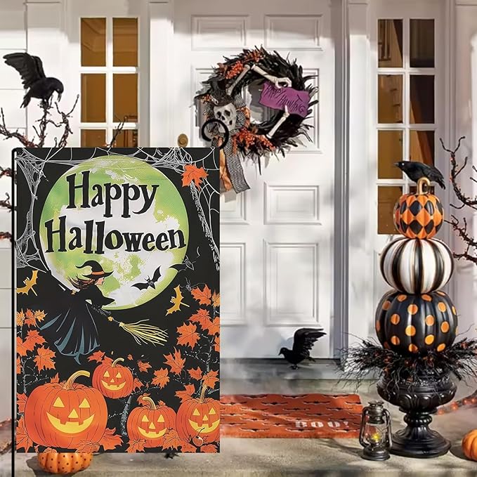 Halloween Garden Flag for Outside 12x18 Inch Double Sided, Pumpkin Witch Small Yard Flags for Outside, Happy Halloween Outdoor Flag Front Porch Decorations for Home