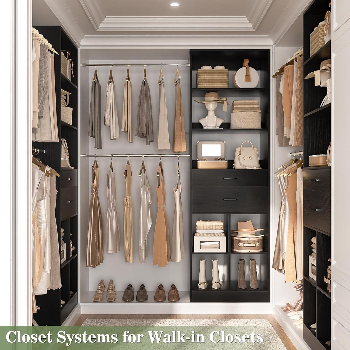 Closet System, 4-8 FT Closet Organizer Tower with 2 Wooden Drawers and Shelves, Can Fit 60 to 96 inch Walk-in Closet System with 5 Hang Rods, Built-in, Black