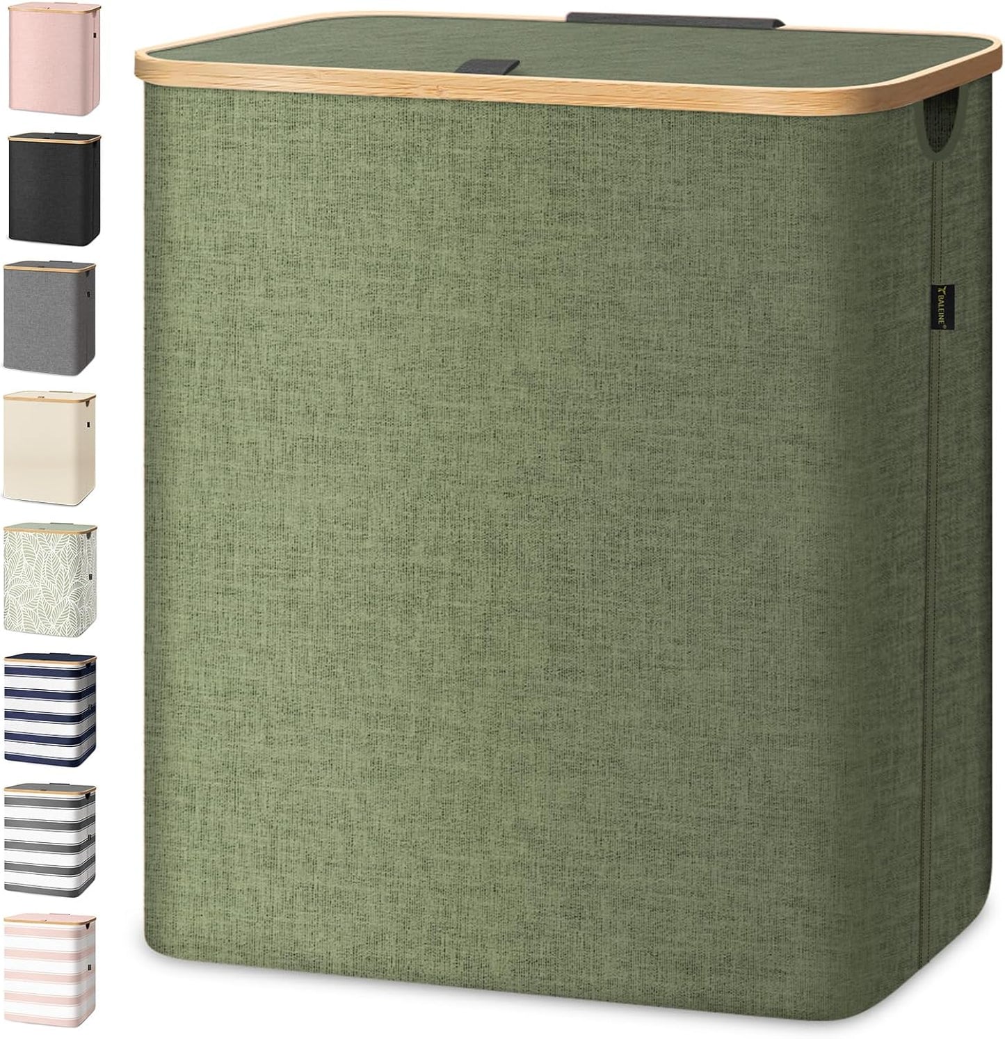 BALEINE Laundry Hamper with Lid, Tall Laundry Baskets with Bamboo Pull Handles, Large Laundry Bin with Internal Support (36 Gal/140L, Green)