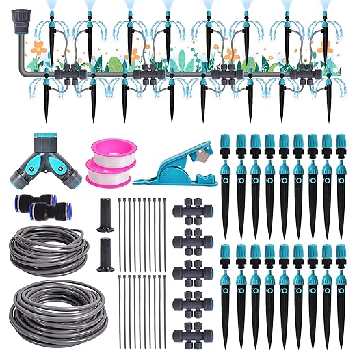 Drip Irrigation System, Fast Connect Automatic Watering Kit with 12mm & 6mm Tubing, DIY Adjustable Garden Irrigation for Greenhouse, Flower Beds, Patio & Lawns (98 Feets)