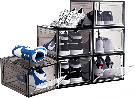 Upgraded Shoe Storage Organizer 6 Pack Clear Plastic Stackable Shoe Box with Magnetic Door Sneaker Hats Display Case Fit Up to US Size 13