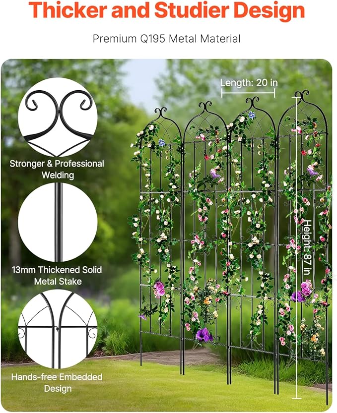 VEVOR Garden Trellis for Climbing Plants, 87 x 20 in, 4 Packs Rustproof Metal Garden Flower Trellis, Outdoor Climbing Rose Trellis Cucumbers Support, Decorative Clematis Trellis for Courtyards Lawns