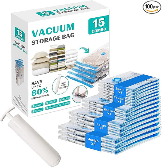 Vacuum Seal Bags for Clothing Travel, 15 Combo - Vacuum Storage Bags, Compression Bags for Travel, Blankets Luggage Clothes - Hand Pump Included（3 Jumbo, 3 Large, 3 Medium, 3 Small, 3 Roll Up Bags）