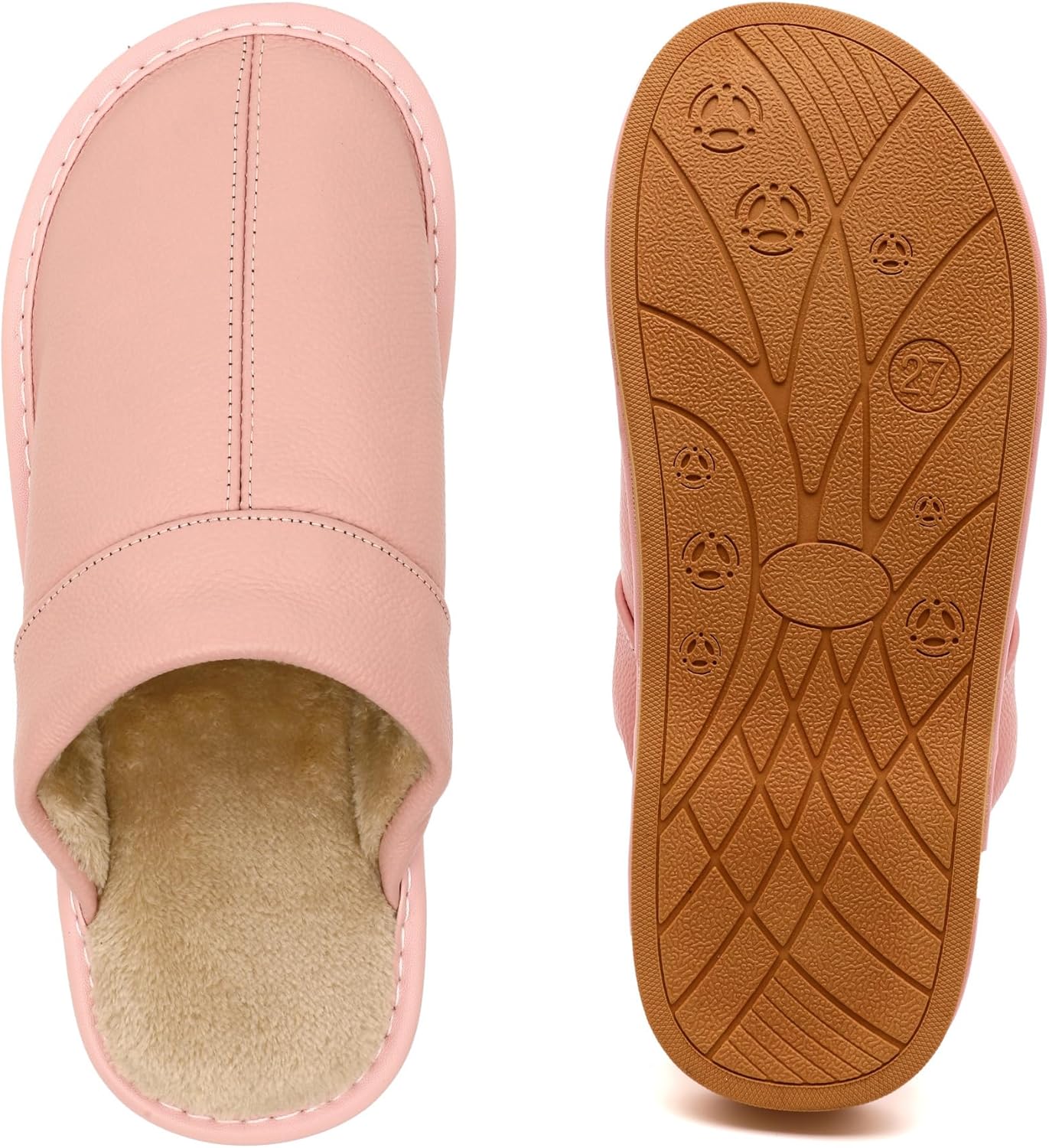 Slippers for Women Men, Genuine Leather Slippers Indoor Outdoor, Fuzzy Bedroom House Shoes for Women Men, Plush Lining Womens Sandals Slip-on